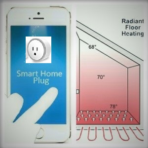 Pictured here is standard 110 volt plug-in and WiFi smart plug connected to free mobile app which powers the folded up carpet heater runner on the right. The mobile app is a remote control adjustable timer, scheduler and on-off button.
